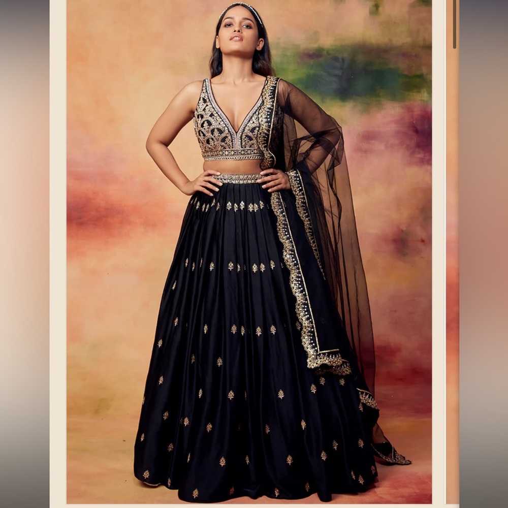 Black and Gold Embroidered Satin Lehenga